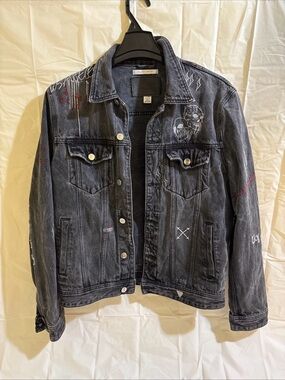 Guess Black Washed Denim Jacket with Red & White Embroidery